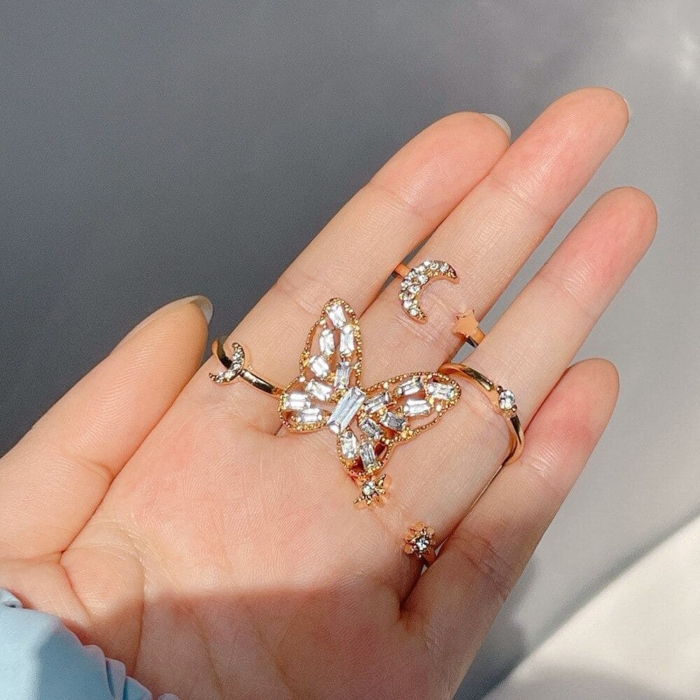 Set Of 5 Alloy Butterfly Star Moon Set Open Rings, Crystal Star Moon Butterfly Knuckle Finger Ring Set, Cartoon Moon Finger Rings Star Heart Jewellery Set Of 5 Alloy Butterfly Star Moon Set Open Rings, Crystal Star Moon Butterfly Knuckle Finger Ring Set, Cartoon Moon Finger Rings Star Heart Jewellery